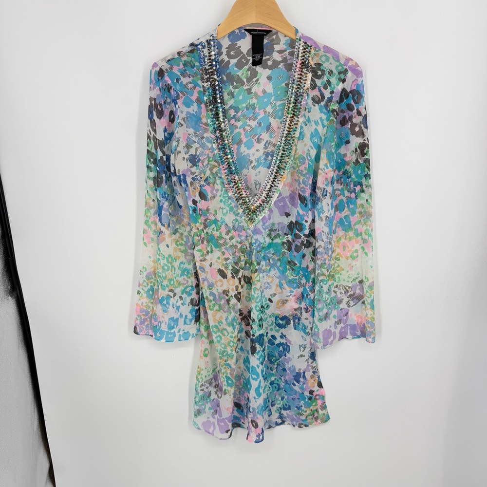 Moda International beaded swim coverup sz M Medium multicolor deep v neck